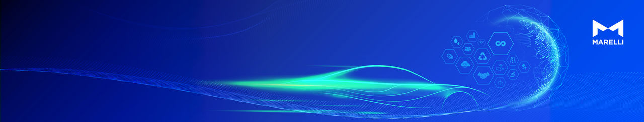 Wide blue banner for Marelli’s 2025 Sustainability Report with flowing green light waves, a digital globe with sustainability icons, and the Marelli logo in the top-right corner.