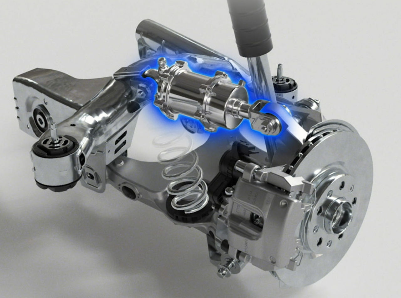3D render of a car wheel suspension and brake assembly with an active camber actuator highlighted in blue.