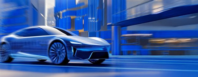 A blue car is driving through a futuristic city.