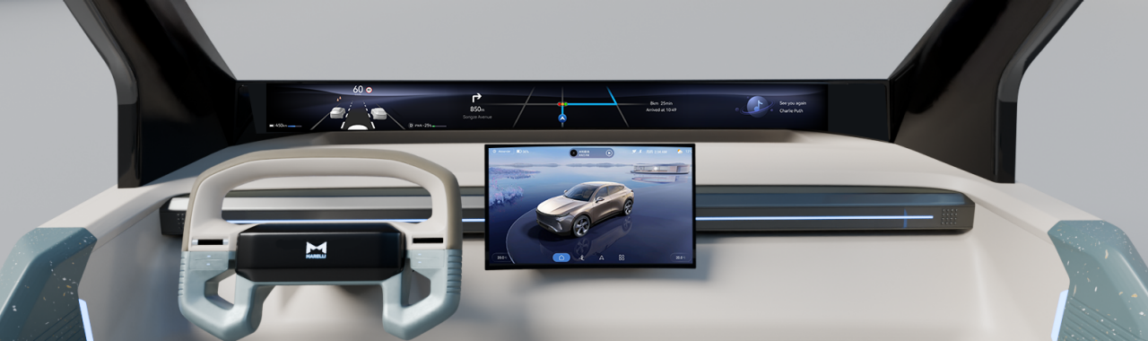 Marelli HorizonView 2.0 digital cockpit with panoramic display and central touch screen.