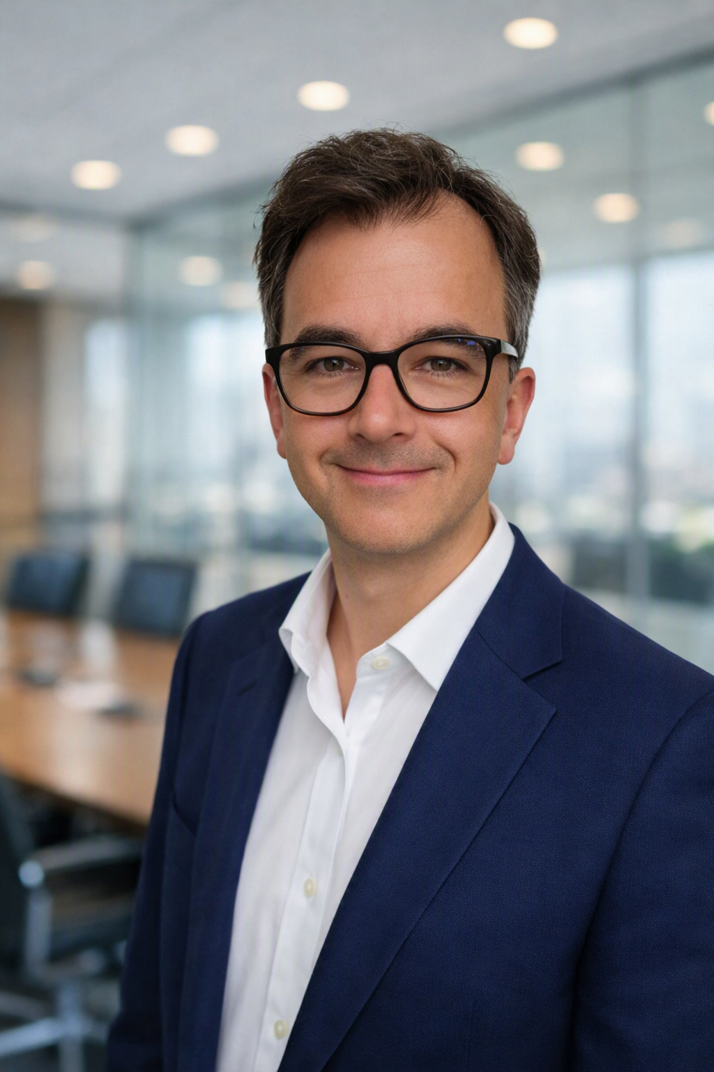 Professional headshot of a person wearing glasses and a navy blazer, standing in a modern office conference room with a blurred background.