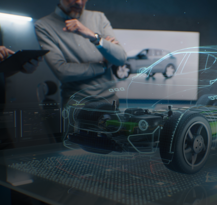 Marelli engineers working on a hologram of a car