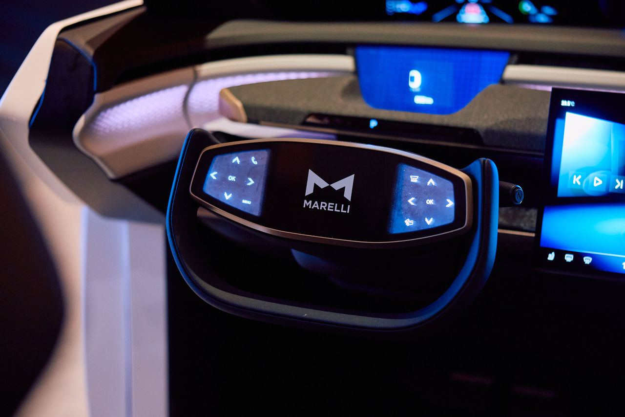 Marelli logo on a car steering wheel