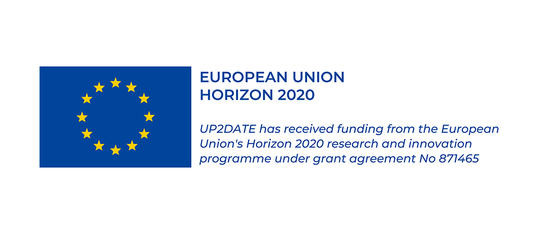 European Flag with next the following text: European Union Horizon 2020. UP2DATE has received funding from the European Union's Horizon 2020 research and innovation programme under grant agreement No 871465