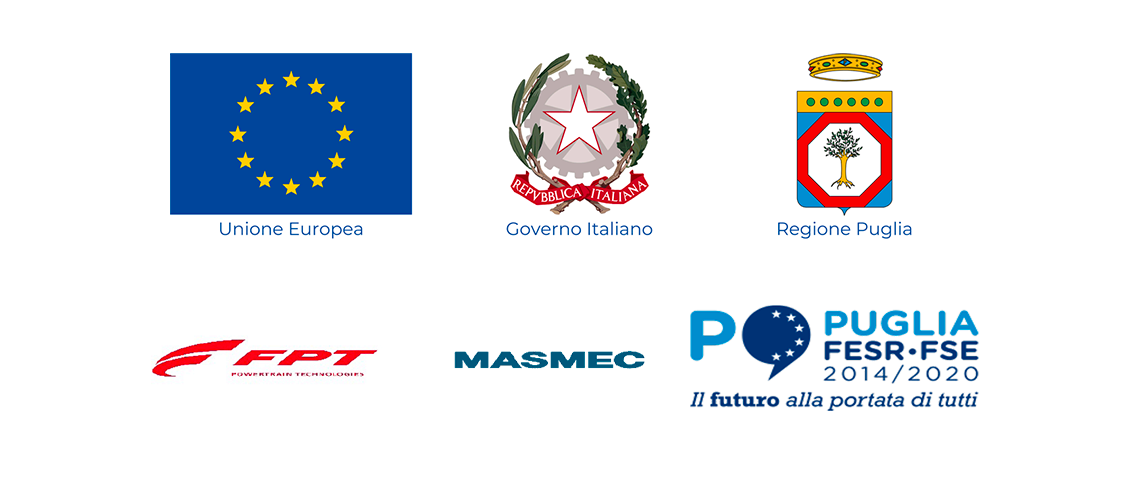 Various brand logo, as: European Flag, Governo Italiano, Regione Puglia, FPT, MASMEC, Puglia FESR-FSE